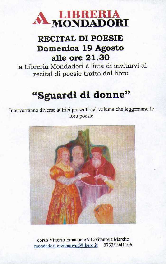 Locandina del recital di poesie del 19 agosto 2007 a Civitanova Marche presso la libreria Mondadori.
