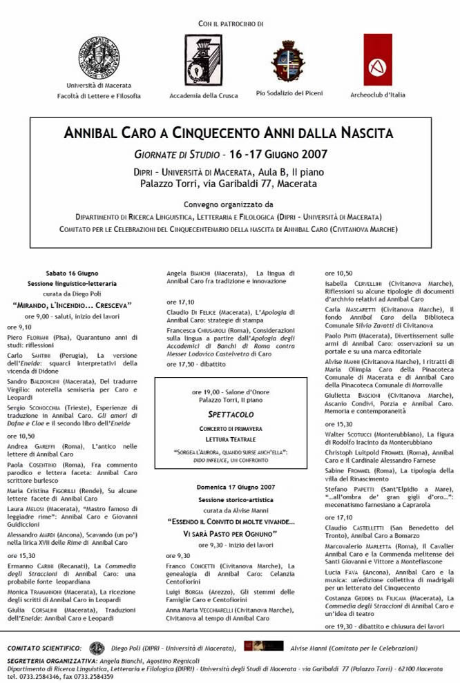 Locandina Convegni di Studi su Annibal Caro del 16 e 17 giugno 2007 a Macerata