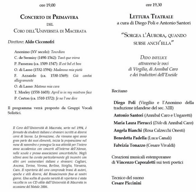 Programma dello spettacolo del 16 giugno 2007 in seno al Convegno di Studi su Annibal Caro a Macerata.