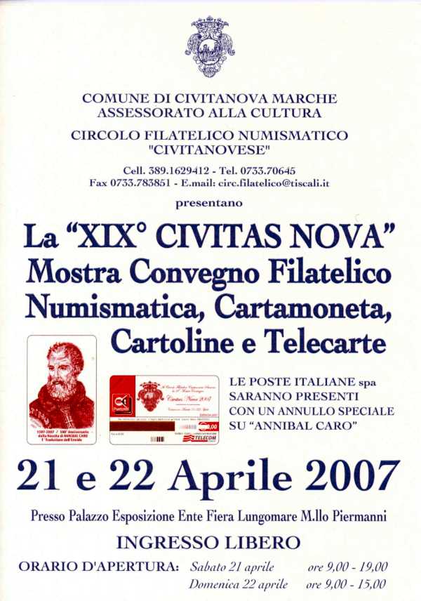 Locandina della 19a Edizione di Civitas Nova - Mostra - Convegno filatelico - numismatica presso l'Ente Fiera a Civitanova Marche 21 e 22 aprile 2007