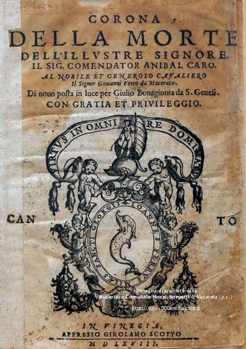 Antico frontespizio della Corona della Morte di Annibal Caro - Biblioteca Mozzi-Borgetti di Macerata (g.c.)
