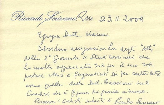 Biglietto di ringraziamento del prof. Riccardo Scrivano di Roma