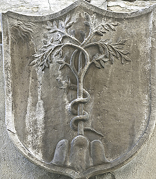 Stemma di Annibal Caro posto sopra l'ingresso della prioria dei SS Filippo e Giacomo a Montegranaro (Foto di Sergio Fucchi)